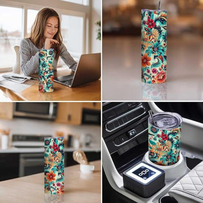 Firmiso 20 oz Tumbler｜Skinny Insulated Travel Mug｜Paisley Floral Stainless Steel Cup with Lid and Telescopic Straw｜Boho Botanical Drinkware｜Elegant Gifts Idea for Women - color: Paisley Floral
