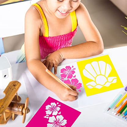 Henoyso 24 Pcs Summer Aloha Stencil for Kids 8 Inch Reusable Templates | Plastic, Drawing Painting Templates, Flamingo, Tree, Hawaii, Pink, Green, Toddlers, Wood Paper Scrapbook, DIY Art Crafts - style: Flamingo Style