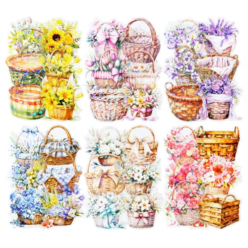 Floral Basket Holographic PET Sticker Set, 72Pcs Vintage Flower Stickers for Scrapbooking, Journaling, Junk Journal Supplies, and DIY Crafts - color: Flower Picking