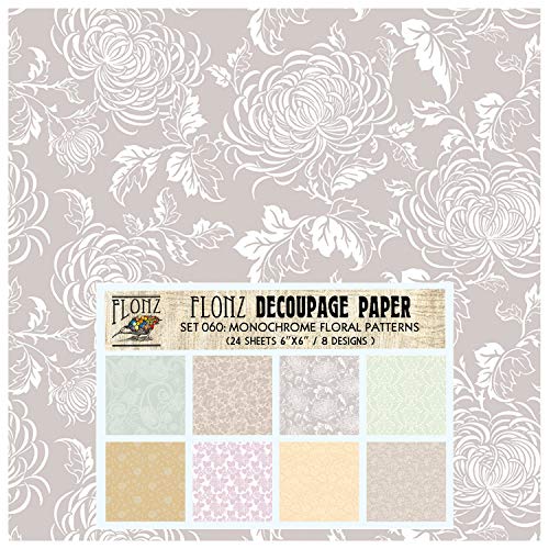 Decoupage Paper Pack (24 Sheets 6"x6") Monochrome Floral Patterns FLONZ Vintage Styled Paper for Decoupage, Craft and Scrapbooking - color: Thirteen