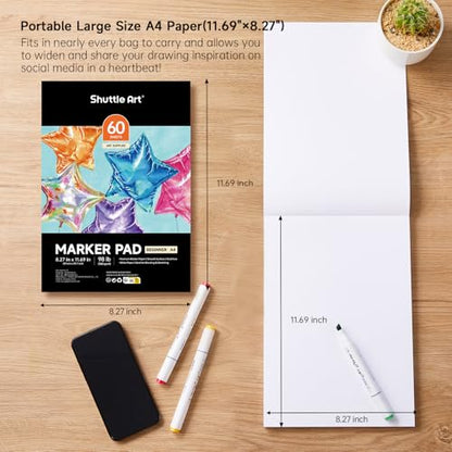 Shuttle Art Marker Pad,11.69”x8.27” Portable A4 Sketchbook, 60 Sheets Drawing Paper, 98LB/160GSM Smooth Surface Bleedproof Art Paper, Glue-Bound, Great for Beginners to Draw, Paint & Sketch - size: 11.69x8.27 inch