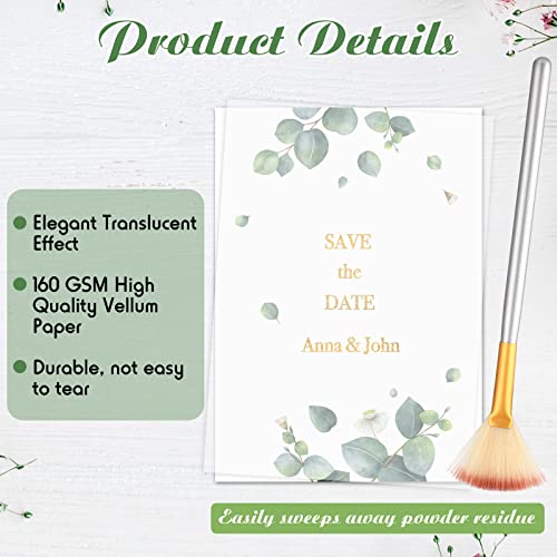 PerKoop 100 Sheets Vellum Paper, 5 x 7, Thick Transparent Paper with Embossing Fan Brush, 160GSM Printable Clear Vellum for Wedding Invitations, Heat Embossing, Belly Bands