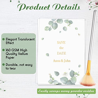 PerKoop 100 Sheets Vellum Paper, 5 x 7, Thick Transparent Paper with Embossing Fan Brush, 160GSM Printable Clear Vellum for Wedding Invitations, Heat Embossing, Belly Bands