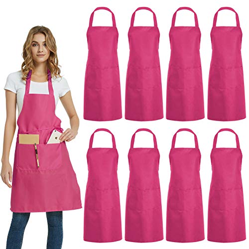 DUSKCOVE 8 Pack Bib Aprons Bulk - Unisex Pink Commercial Apron with 2 Pockets for Kitchen Crafting BBQ Drawing Cooking - color: Pink