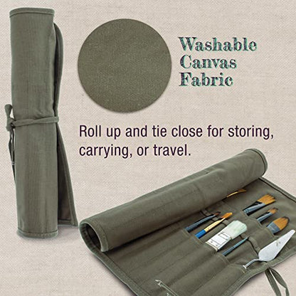 U.S. Art Supply Deluxe Canvas Art Paint Brush Holder & Storage Organizer | Roll-Up Case Bag - 24 Slot Pockets Carry Pouch - Protect Artist Acrylic Oil Watercolor Paintbrushes - Store Pencils, Pens