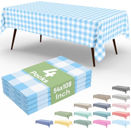 4 Packs Buffalo Disposable Table Cloth, 54 x 108 Inch Waterproof Plastic Tablecloth, Rectangle Baby Blue and White Checkered Table Covers for Picnic, Birthday, Party, Back to School - color: Baby Blue and White, size: 54" x 108" - 4 Pack