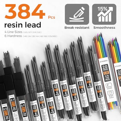 35Pcs Art Mechanical Pencil Set with Case, 0.5 0.7 0.9 2.0 Graphite Metal Drawing Drafting Pencils, Sharpener Erasers 384PCS Lead Refills (6B 4B 2B HB 2H 4H Colors)Pencils for Writing Sketching,Silver - color: silver