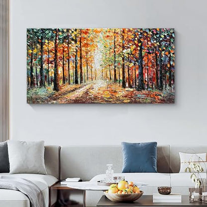 Art Hand Painted Red Maple Forest Landscape Oil Painting Modern Abstract Art Home Wall Deco Art 24x48 inches - color: Dn183