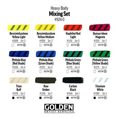 GOLDEN Heavy Body Acrylics Mixing Set, 12 x 22 ml Tubes + Glazing Liquid | Mix an extensive range with this limited palette of smooth, thick, richly pigmented artist grade colors.