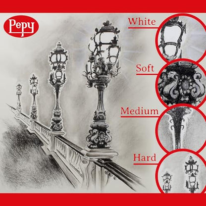 Pepy Professional Hard Charcoal Pencil Set – Set of 6 Pre-Sharpened Black Charcoal Pencils; Perfect for Drawing, Sketching, Blending and Shading