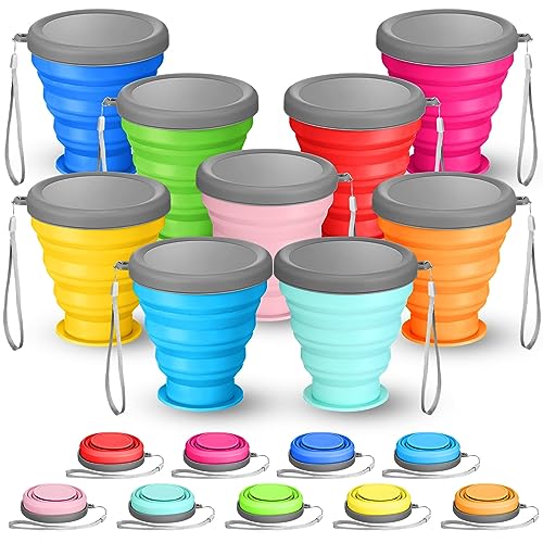 Umigy 9 Pcs 6.8 Oz/ 200 ml Silicone Collapsible Cup with Lid Collapsible Water Bottles Reusable Small Collapsible Travel Cup Portable Drinking Folding Camping Coffee Mugs for Hiking Outdoor Sports