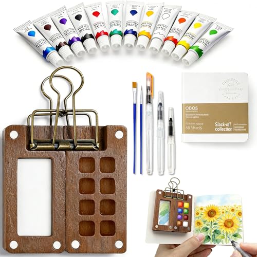 Mini Portable Watercolor Paint Set - 8 Grid Wood Palette with Binder Clips 12 Colors Paint, Brushes, Water Pens & Sketchbook, Travel Art Kit for Beginners & Art Enthusiasts - size: 8grid
