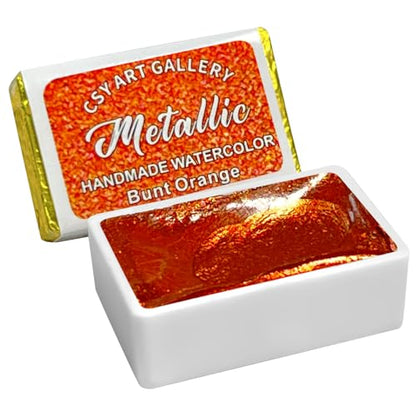 Metallic Watercolor Paint Handmade Gold Watercolour Shimmer Mica Painting Full Pan Glitter Aquarelle (Bunt Orange) - color: Bunt Orange (Full Pan)