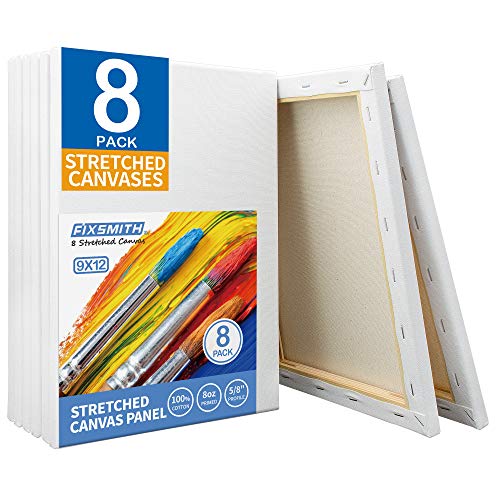 FIXSMITH Stretched White Blank Canvas - 9x12 Inch, Bulk Pack of 8, Primed,100% Cotton, 5/8 Inch Profile of Super Value Pack for Acrylics,Oils & Other Painting Media. - size: 9"x12"