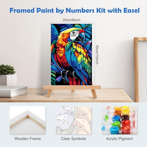 MOGTAA Colorful Parrot Paint by Numbers Kit for Adults Beginners with Frame, Animal Adult Paint by Number Kits on Canvas with Easel, Easy DIY Oil Painting Kits for Home Decor, 8x12in - color: Parrot