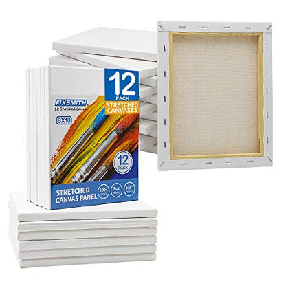 FIXSMITH Stretched Canvas for Painting- 8x10 Inch,Bulk Pack of 12,Primed,100% Cotton,5/8 Inch Profile of Super Value Pack for Acrylics,Oils & Other Painting Media. - size: 8"x10"-12Pack