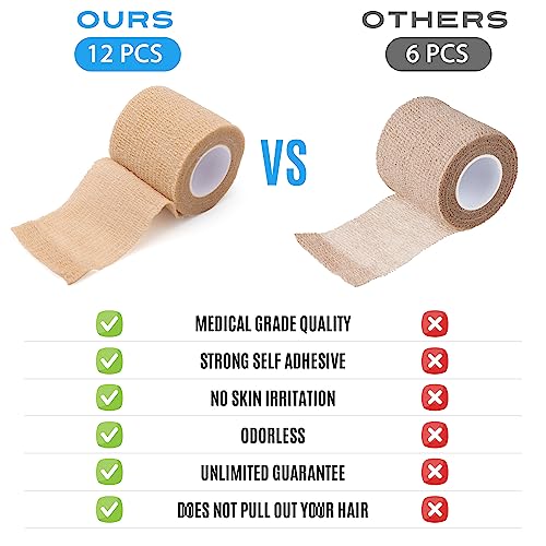 LotFancy Self Adhesive Bandage Wrap, 12 Pack, 2" x 5 Yards Non Woven Medical Tape, First Aid Tape for Athletic Wrist Ankle Sprains Swelling, Tan Color - size: 2 x 180 Inch (Pack of 12)