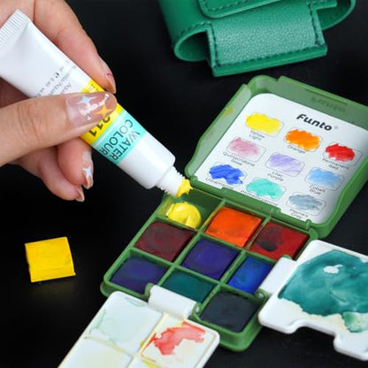 Funto Mini Watercolor Travel Set, Travel Kit with 2 Foldable Palettes, 9 Colors, Mini Color Paint Set for Creative Artists - style: Basic Set