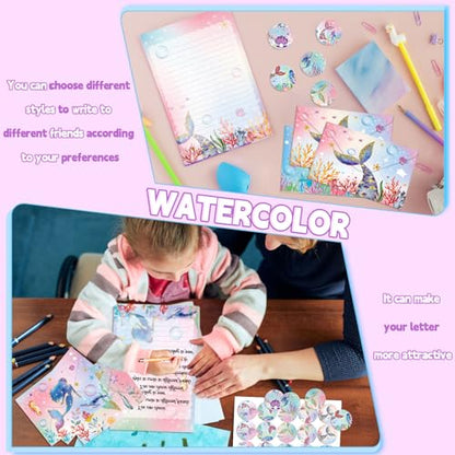 TaoBary 160 Pcs Mermaid Stationery Paper and Envelopes Set 50 Double Sided Lined Stationery Paper with 50 Matching Envelopes and 60 Round Dot Sticker 5.5 x 8.25'' Letter Writing Kit, 10design - size: 5.5 x 8.25 Inch, style: Mermaid
