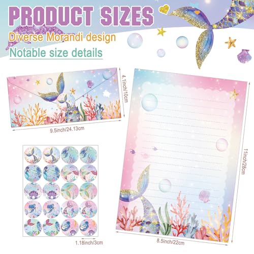 TaoBary 160 Pcs Stationery Paper Set 50 Double Sided Stationery Papers with 50 Matching Envelopes and 60 Round Dot Sticker, 10 Design(Mermaid,8.5 x 11 Inch) - size: 8.5 x 11 Inch, style: Mermaid