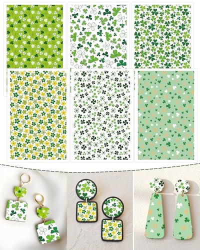 St Patrick‘s Day Clay Transfer Paper, 18 Pcs Irish March 17th Festival Clover Shamrcock Polymer Clay Transfer Sheets for Earrings Jewelry DIY Craft Making - color: green clovers