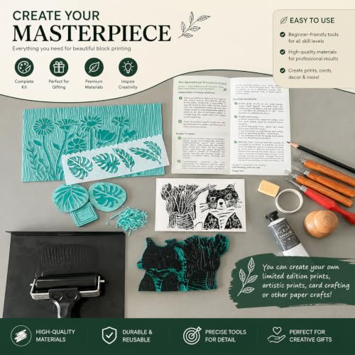 Xenolog Complete Block Printing Kit - All-in-One Lino Cutting Tools Set with Soft Rubber Blocks, Brayer, Ink & Storage Case - Deluxe Linocut Stamp Making Printmaking Supplies for Beginners