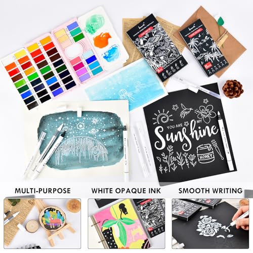 Brusarth White Ink Pen Set, Opaque Acrylic Gel Ink for Black Paper | Archival Dual-Tip White Opaque Pens, Fine & Brush Tips for Black Paper Drawing,Sketching,Illustration,Card Making