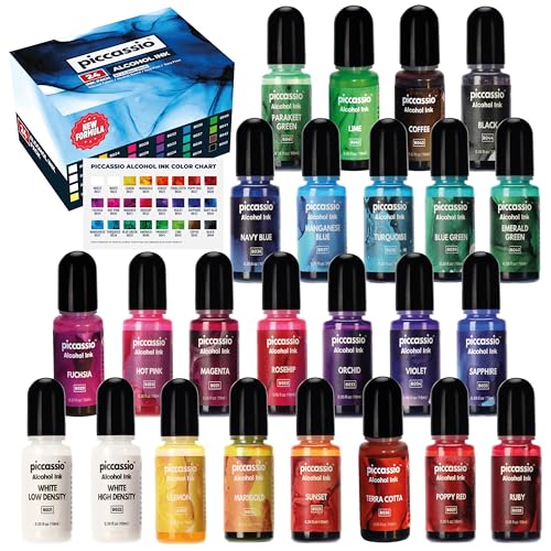 Alcohol Ink Set – New Improved Formula – 24 Highly Saturated, Fast-Drying, Permanent Inks for Epoxy Resin, Tumblers, Fluid Art Painting, Glass, Metal, and More