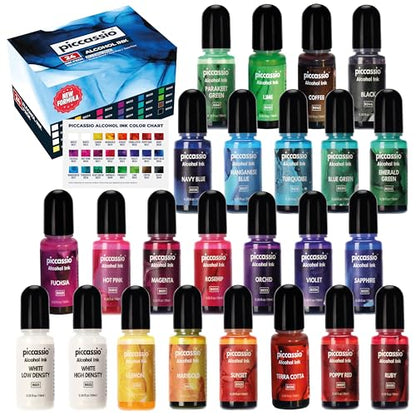 Alcohol Ink Set – New Improved Formula – 24 Highly Saturated, Fast-Drying, Permanent Inks for Epoxy Resin, Tumblers, Fluid Art Painting, Glass, Metal, and More
