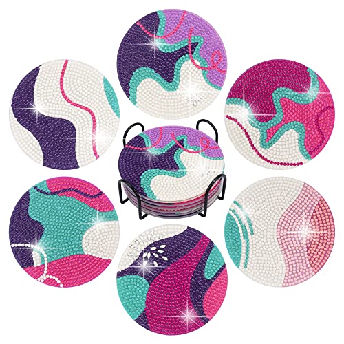 Temlum 6pcs Diamond Art Coasters Kits for Adults with Holder, Lines - color: Abstract Line Coasters With Holder