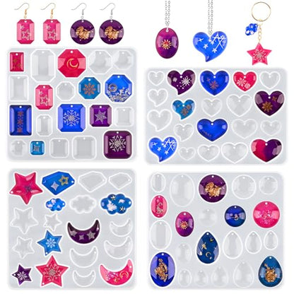 Actvty Earring Resin Mold with Holes, 4 Pieces Silicone Pendant Epoxy Molds, Jewelry Molds for Resin Casting, DIY Gem Cabochon, Earrings, Necklace, Jewelry, Keychain