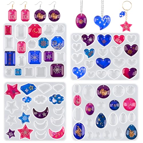 Actvty Earring Resin Mold with Holes, 4 Pieces Silicone Pendant Epoxy Molds, Jewelry Molds for Resin Casting, DIY Gem Cabochon, Earrings, Necklace, Jewelry, Keychain