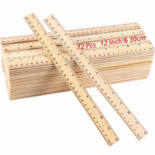 KINJOEK 72 Packs 30cm 12 Inch Wooden Rulers, 2 Scale Imperial Metric Double Sided Pine Wood School Measuring Ruler Bulk for Home Classroom Student Office Use Drafting Supplies - size: 72 Packs 12 Inch