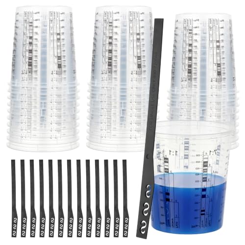 Gartful 30 Pack 19oz 570ml Clear Plastic Paint Mixing Cups with 30 Stir Sticks - Disposable Graduated Measuring Cups for Paint, Resin & Epoxy with ML Scale & 3-Column Ratios (1:1-7:1) for DIY Crafts - size: 19oz / 570ml