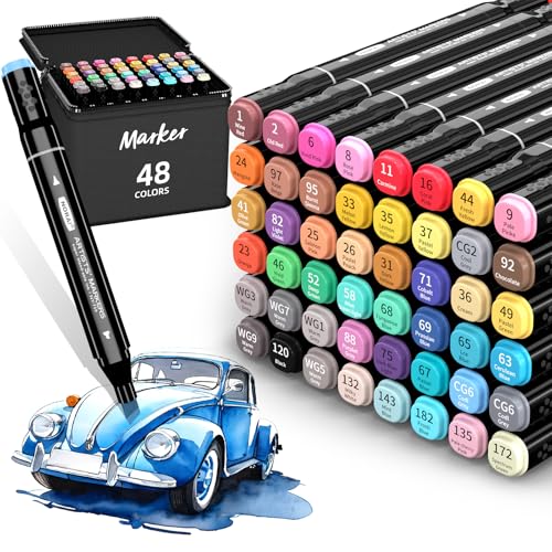 Alcohol Markers, 48 Colors Dual Tip Art Markers for Adult Coloring Books, Drawing, Sketching, Card Making, Very Suitable for Painting Supplies - color: Black, size: 1 Count (Pack of 48)