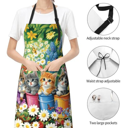 Funny Apron Polyester Grooming Aprons with Pocket for Cooking Kitchen Grilling Adults - color: Spring Cat Mulit