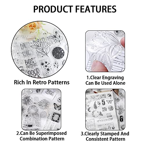 4 Themes 45Pcs Clear Stamps, Retro Rubber Clear Stamp, Transparent Silicone Stamps Seal for DIY Scrapbooking Card Making Decoration, Style C - style: Style C