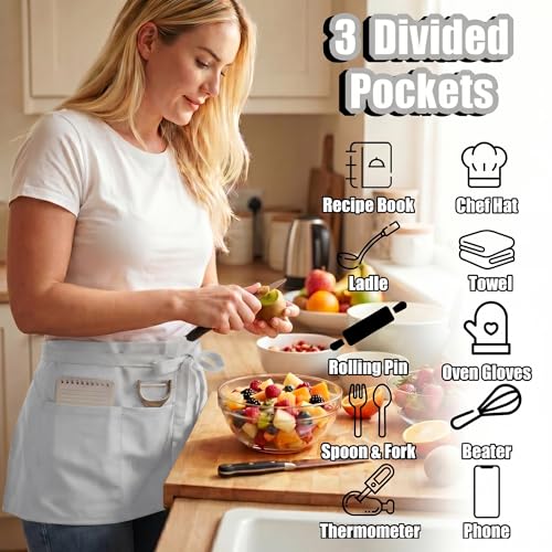 TOSHE Waist Apron 3 Pockets Waterdrop Resistant Cotton Server,Chef,Waitress - color: Gray