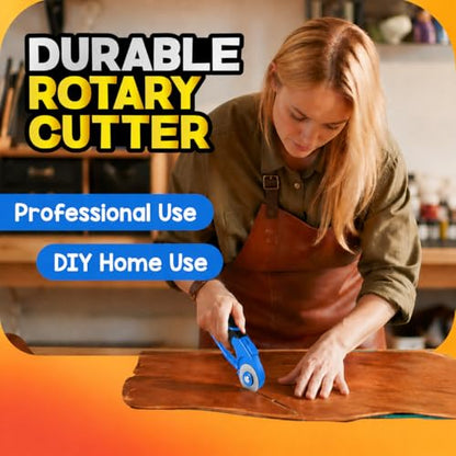 DIYSELF 45mm Rotary Cutter for Fabric, Fabric Cutter Rotary Tool, 5 Blades | Roller Cutter for Fabric with Ergonomic Handle, Safety Lock and Quick-Change Blades for Quilting, Sewing, Paper and Leather - color: Blue