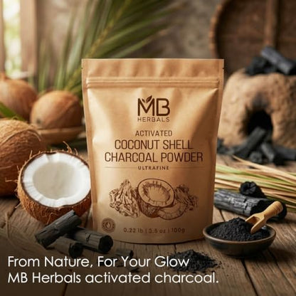MB Herbals Activated Charcoal Powder from Coconut Shell 3.5 oz (100 Gram) For External Use Only | For ToothPowder Face Packs and Masks | Soap Making | Do not Injest