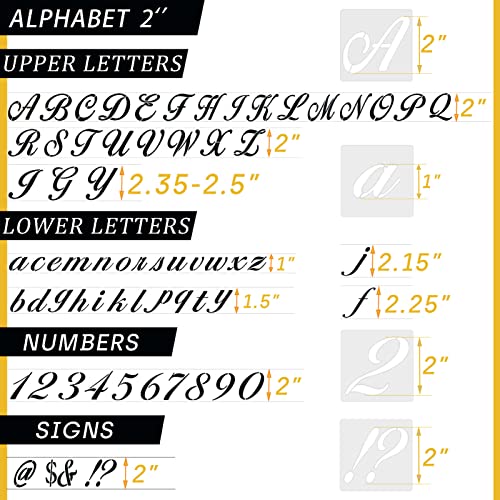 2 Inch Letter Symbol Stencils for Painting on Wood, 65 Pcs Alphabet Drawing Templates with Calligraphy Large Font and Cursive Letters Numbers Signs, Reusable Plastic Art Craft Stencils - size: 2 Inch