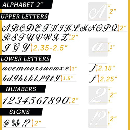 2 Inch Letter Symbol Stencils for Painting on Wood, 65 Pcs Alphabet Drawing Templates with Calligraphy Large Font and Cursive Letters Numbers Signs, Reusable Plastic Art Craft Stencils - size: 2 Inch