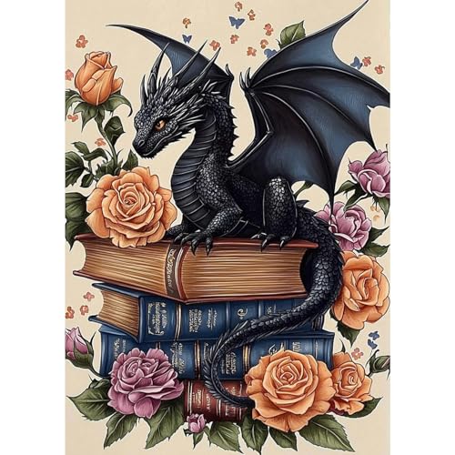 RICUVED Dragon Diamond Art Kits for Adults, Book Diamond Painting Kits for Beginners, 5D DIY Full Round Drill Gem Dots Flowers Paint by Diamonds Art and Craft Kit for Gift Home Decor 12x16 inch - color: LD061
