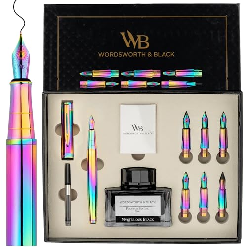Wordsworth & Black Luxury Calligraphy Pen Set for Writing, 6 Nibs, Rainbow | Fountain Ink Bottle, Cartridges & Refill Converter, Refillable, Rainbow,High End Gift for Men & Women, Journaling & Lettering - color: Rainbow