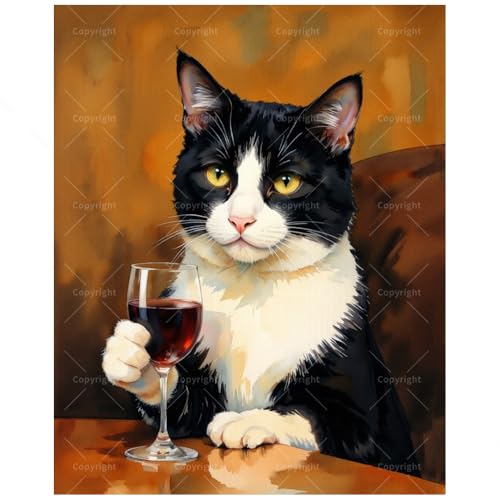 Tuxedo Cat Paint by Numbers Kit for Adults - DIY Black and White Cat with Wine Painting on Canvas, Acrylic Paint Set, Suitable for Beginners, Art for Home Decoration or Gifts(8X12IN Framed) - color: HSX02762, size: 8X12IN Framed