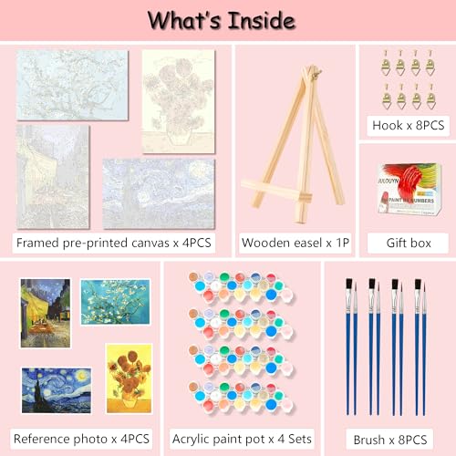 Muzagroo Art 4 Pcs Paint by Numbers Kits for Adults Framed Canvas with Wooden Easel DIY Beach Acrylic Oil Paintings Kits Paint by Numbers on Canvas Wall Art 8x12 inch (Van Gogh) - color: Van Gogh