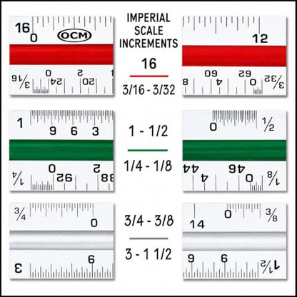 OCM 1 Triangular Architect Scale Ruler (Professional Grade Solid Aluminum) Color Coded 12 Inch Architectural Scale (Imperial Measurements) - Ideal for Architects, Engineers, Draftsman and Students
