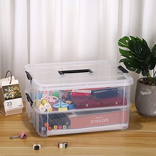 JUXYES 2-Tiers Plastic Stack Carry Storage Containers Box wih Handle Lids - color: Black