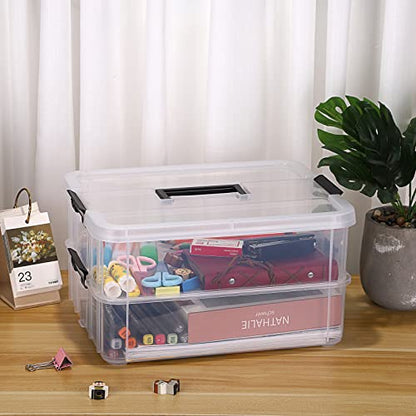 JUXYES 2-Tiers Plastic Stack Carry Storage Containers Box wih Handle Lids - color: Black