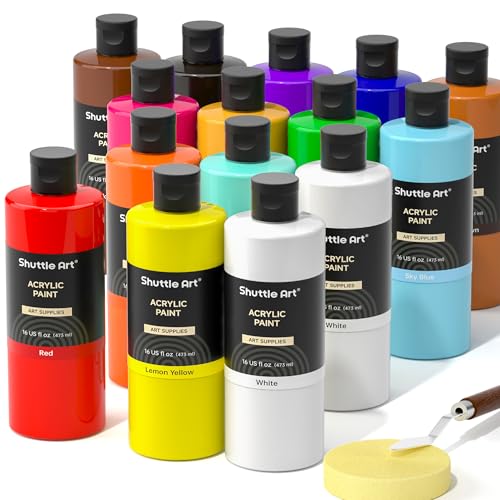 Shuttle Art Acrylic Paint, 15 Pack Acrylic Paint Large Bottle Set, 473ml/16oz Each, 14 Unique Colors and 1 More White, High Viscosity Art Paint for Artists, Beginner & Kids on Rocks Canvas WoodCeramic - color: 14+1 Colors, size: 16 Fl Oz (Pack of 15)